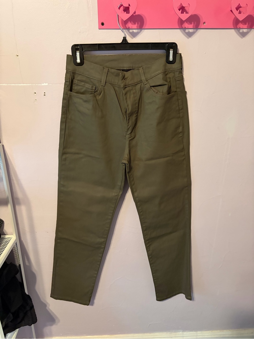 MASSIMO DUTTI Dark Green Waxed Jeans High Waist Straight Leg